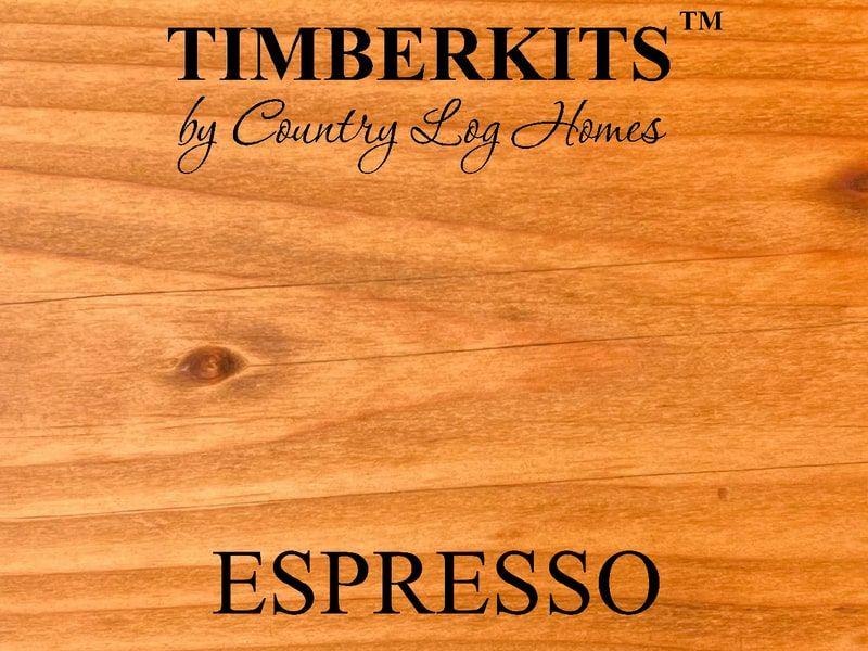 Sample of wood Espresso stain with logo Timberkits by Country Log Homes
